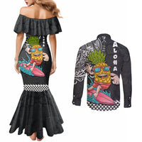Hawaii Pineapple Surfing With Kakau Tribal Couples Matching Mermaid Dress and Long Sleeve Button Shirt LT03 - Polynesian Pride