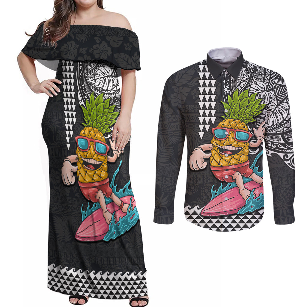 Hawaii Pineapple Surfing With Kakau Tribal Couples Matching Off Shoulder Maxi Dress and Long Sleeve Button Shirt LT03 Brown - Polynesian Pride