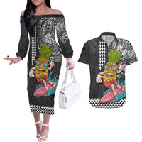 Hawaii Pineapple Surfing With Kakau Tribal Couples Matching Off The Shoulder Long Sleeve Dress and Hawaiian Shirt LT03 Brown - Polynesian Pride