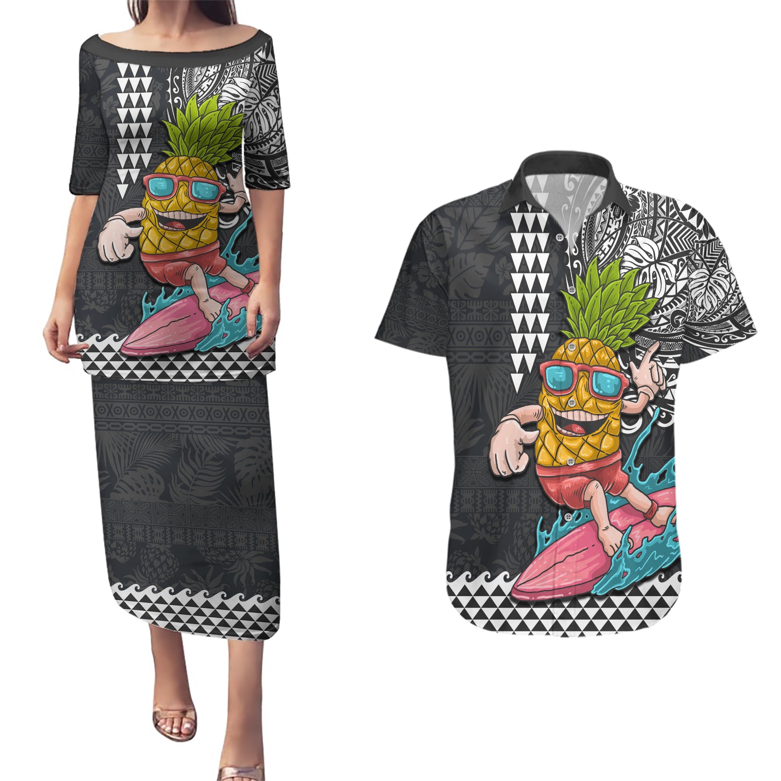 Hawaii Pineapple Surfing With Kakau Tribal Couples Matching Puletasi Dress and Hawaiian Shirt LT03 Brown - Polynesian Pride