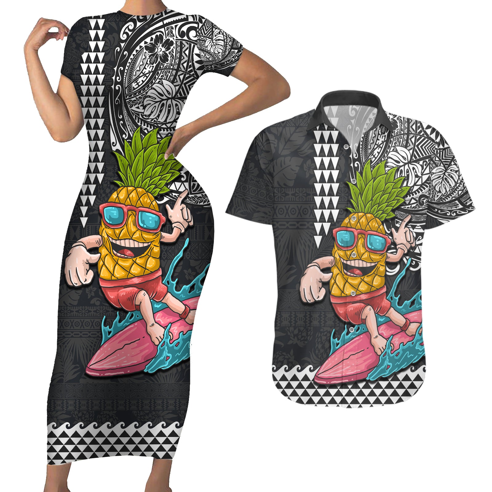 Hawaii Pineapple Surfing With Kakau Tribal Couples Matching Short Sleeve Bodycon Dress and Hawaiian Shirt LT03 Brown - Polynesian Pride