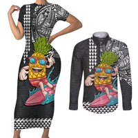 Hawaii Pineapple Surfing With Kakau Tribal Couples Matching Short Sleeve Bodycon Dress and Long Sleeve Button Shirt LT03 Brown - Polynesian Pride