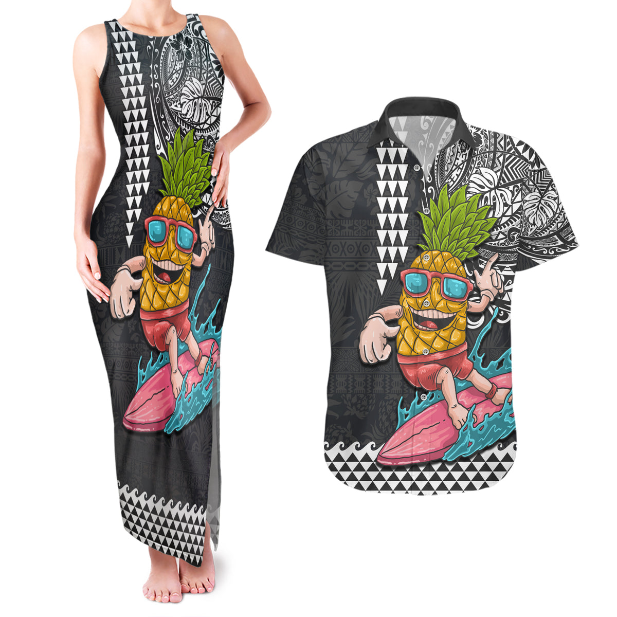 Hawaii Pineapple Surfing With Kakau Tribal Couples Matching Tank Maxi Dress and Hawaiian Shirt LT03 Brown - Polynesian Pride