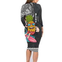 Hawaii Pineapple Surfing With Kakau Tribal Family Matching Long Sleeve Bodycon Dress and Hawaiian Shirt LT03 - Polynesian Pride
