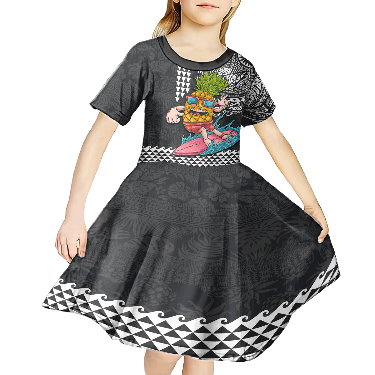 Hawaii Pineapple Surfing With Kakau Tribal Kid Short Sleeve Dress LT03 - Polynesian Pride