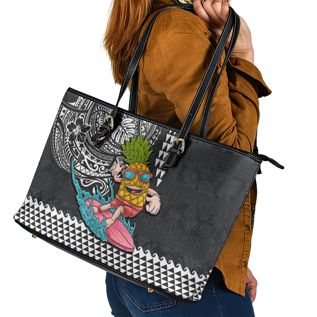Hawaii Pineapple Surfing With Kakau Tribal Leather Tote Bag LT03 - Polynesian Pride