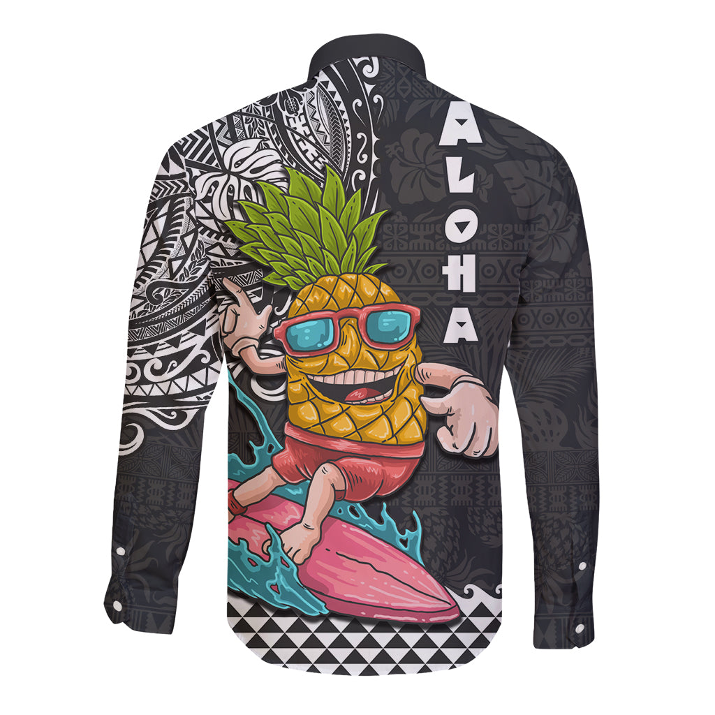 Hawaii Pineapple Surfing With Kakau Tribal Long Sleeve Button Shirt LT03 - Polynesian Pride