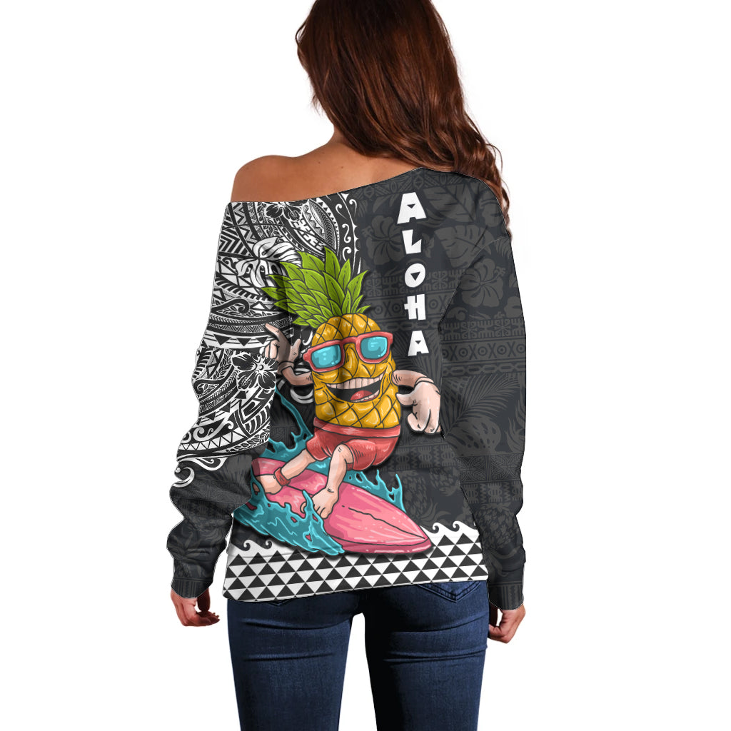 Hawaii Pineapple Surfing With Kakau Tribal Off Shoulder Sweater LT03 - Polynesian Pride