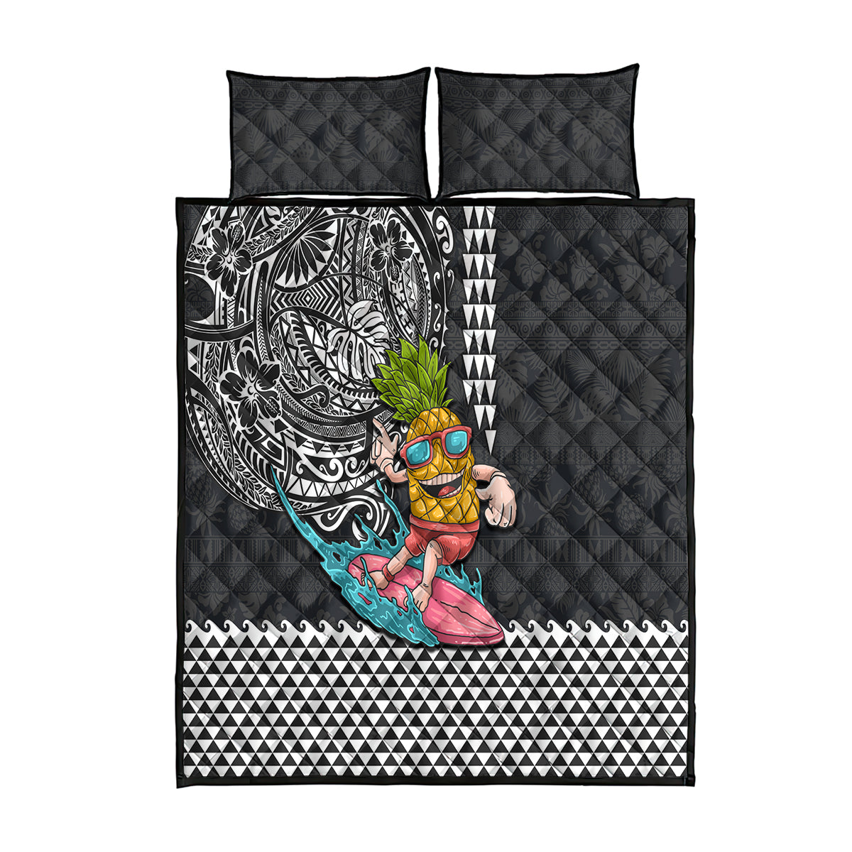 Hawaii Pineapple Surfing With Kakau Tribal Quilt Bed Set LT03 Brown - Polynesian Pride