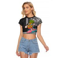 Hawaii Pineapple Surfing With Kakau Tribal Raglan Cropped T Shirt LT03 Female Brown - Polynesian Pride