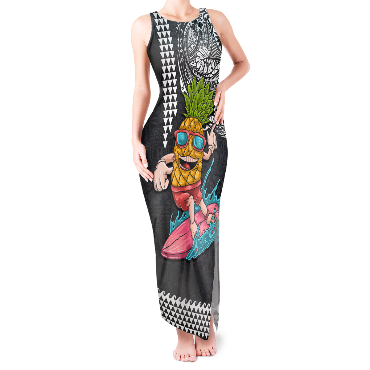 Hawaii Pineapple Surfing With Kakau Tribal Tank Maxi Dress LT03 Women Brown - Polynesian Pride