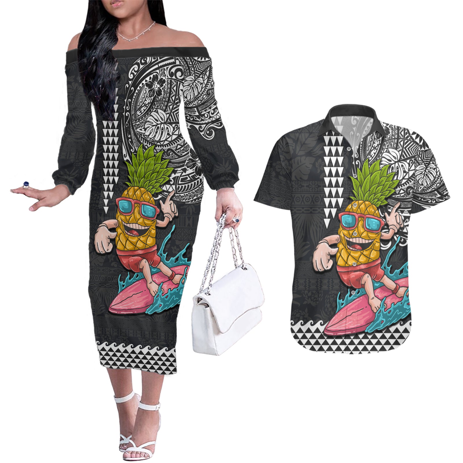 Hawaii Pineapple Surfing Kakau Tribal Personalised Couples Matching Off The Shoulder Long Sleeve Dress and Hawaiian Shirt LT03 Brown - Polynesian Pride