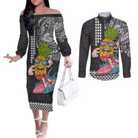 Hawaii Pineapple Surfing Kakau Tribal Personalised Couples Matching Off The Shoulder Long Sleeve Dress and Long Sleeve Button Shirt LT03 Brown - Polynesian Pride