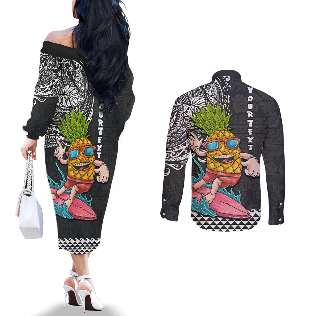 Hawaii Pineapple Surfing Kakau Tribal Personalised Couples Matching Off The Shoulder Long Sleeve Dress and Long Sleeve Button Shirt LT03 - Polynesian Pride