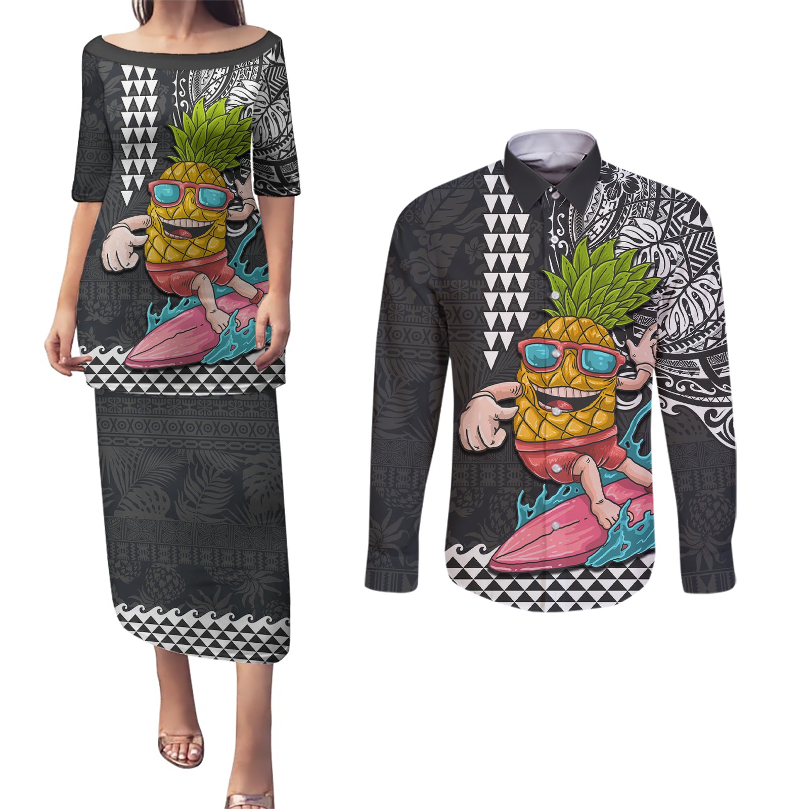 Hawaii Pineapple Surfing Kakau Tribal Personalised Couples Matching Puletasi Dress and Long Sleeve Button Shirt LT03 Brown - Polynesian Pride