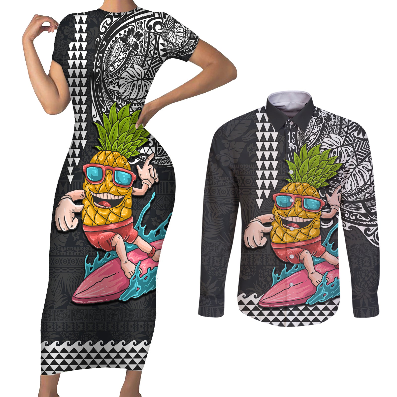 Hawaii Pineapple Surfing Kakau Tribal Personalised Couples Matching Short Sleeve Bodycon Dress and Long Sleeve Button Shirt LT03 Brown - Polynesian Pride
