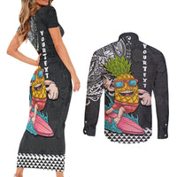 Hawaii Pineapple Surfing Kakau Tribal Personalised Couples Matching Short Sleeve Bodycon Dress and Long Sleeve Button Shirt LT03 - Polynesian Pride