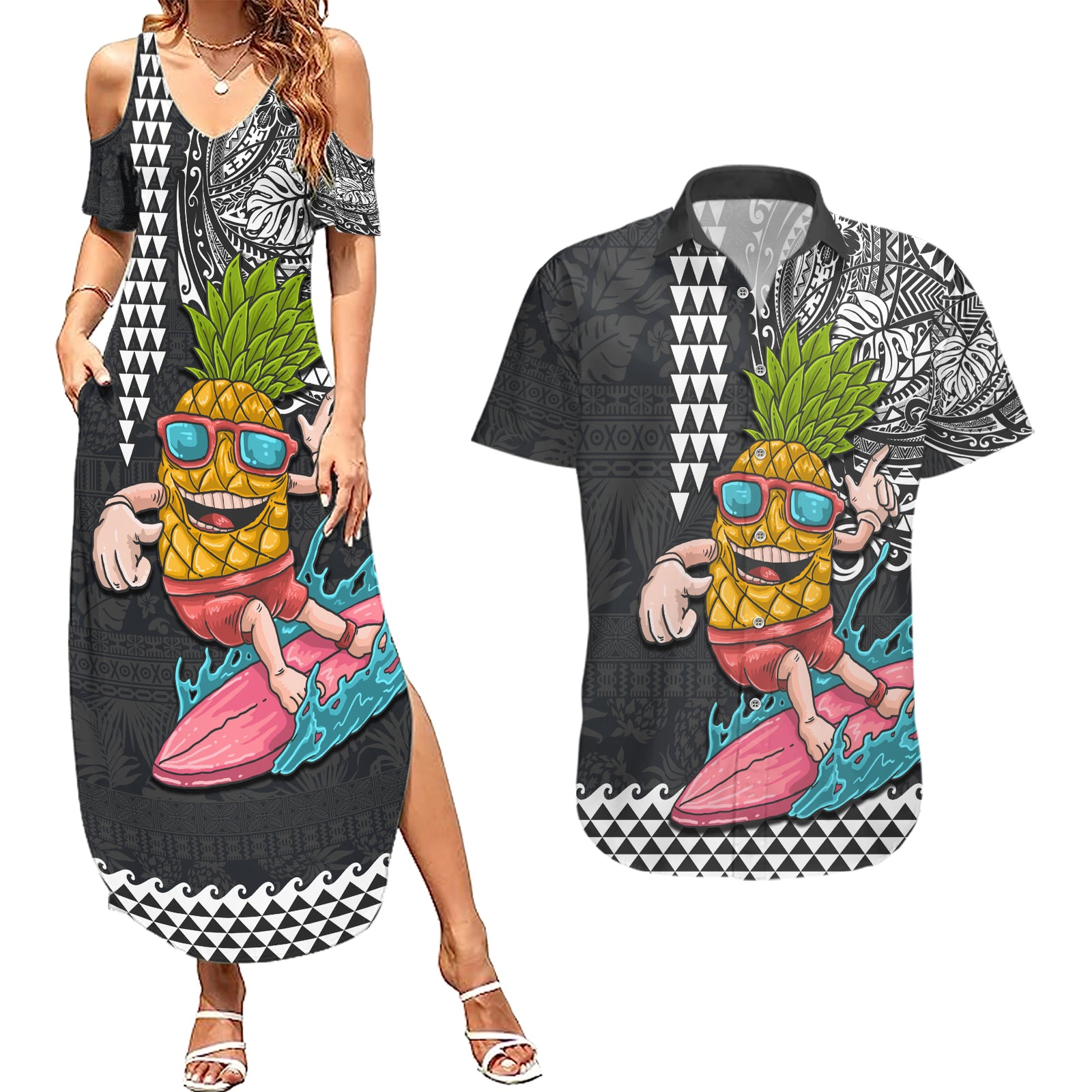 Hawaii Pineapple Surfing Kakau Tribal Personalised Couples Matching Summer Maxi Dress and Hawaiian Shirt LT03 Brown - Polynesian Pride