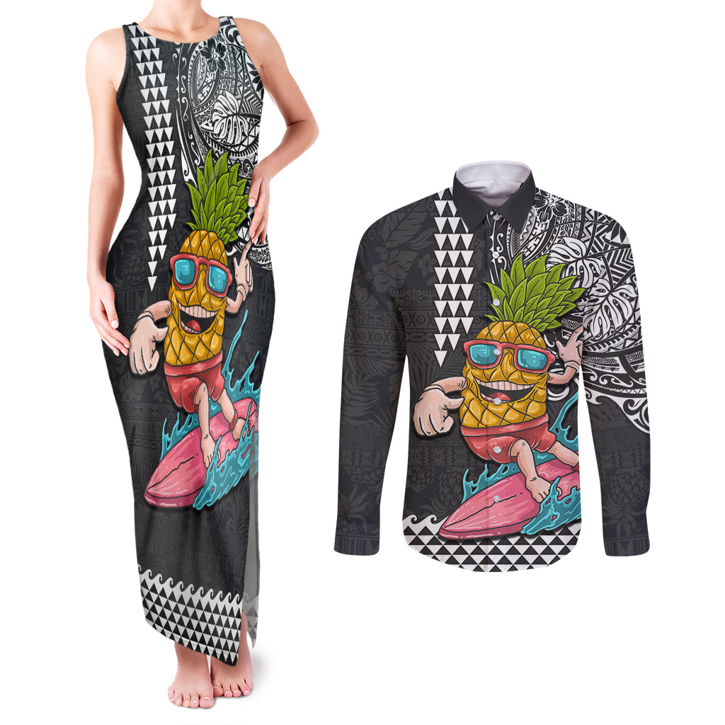 Hawaii Pineapple Surfing Kakau Tribal Personalised Couples Matching Tank Maxi Dress and Long Sleeve Button Shirt LT03 Brown - Polynesian Pride
