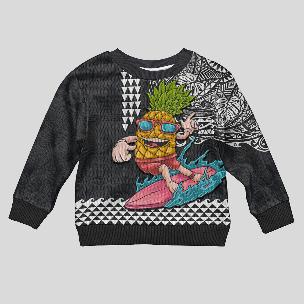 Hawaii Pineapple Surfing Kakau Tribal Personalised Kid Ugly Christmas Sweater LT03 Kid Brown - Polynesian Pride