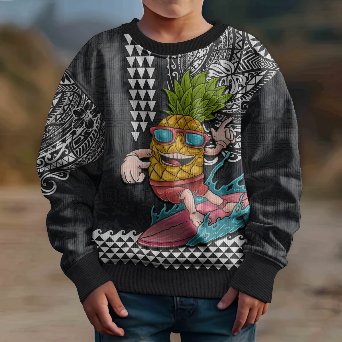 Hawaii Pineapple Surfing Kakau Tribal Personalised Kid Ugly Christmas Sweater LT03 - Polynesian Pride