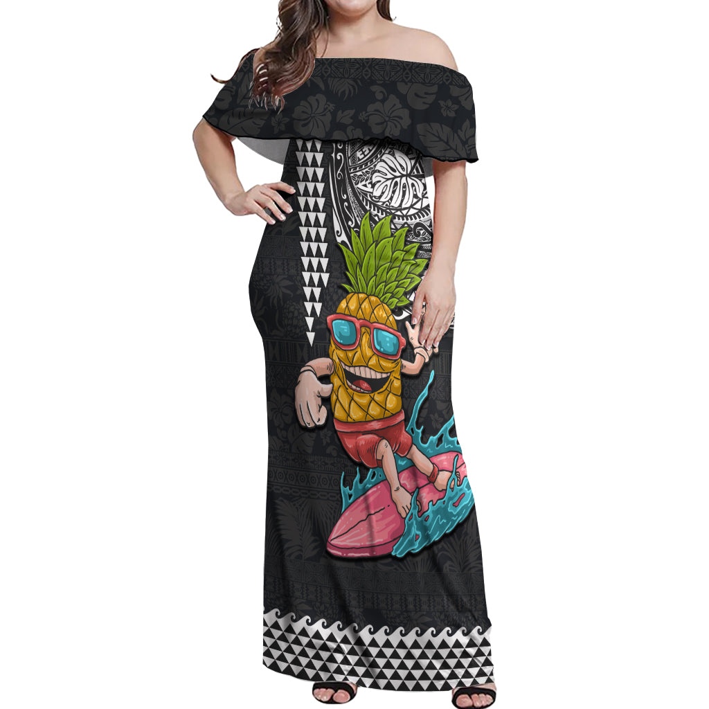 Hawaii Pineapple Surfing Kakau Tribal Personalised Off Shoulder Maxi Dress LT03 Women Brown - Polynesian Pride