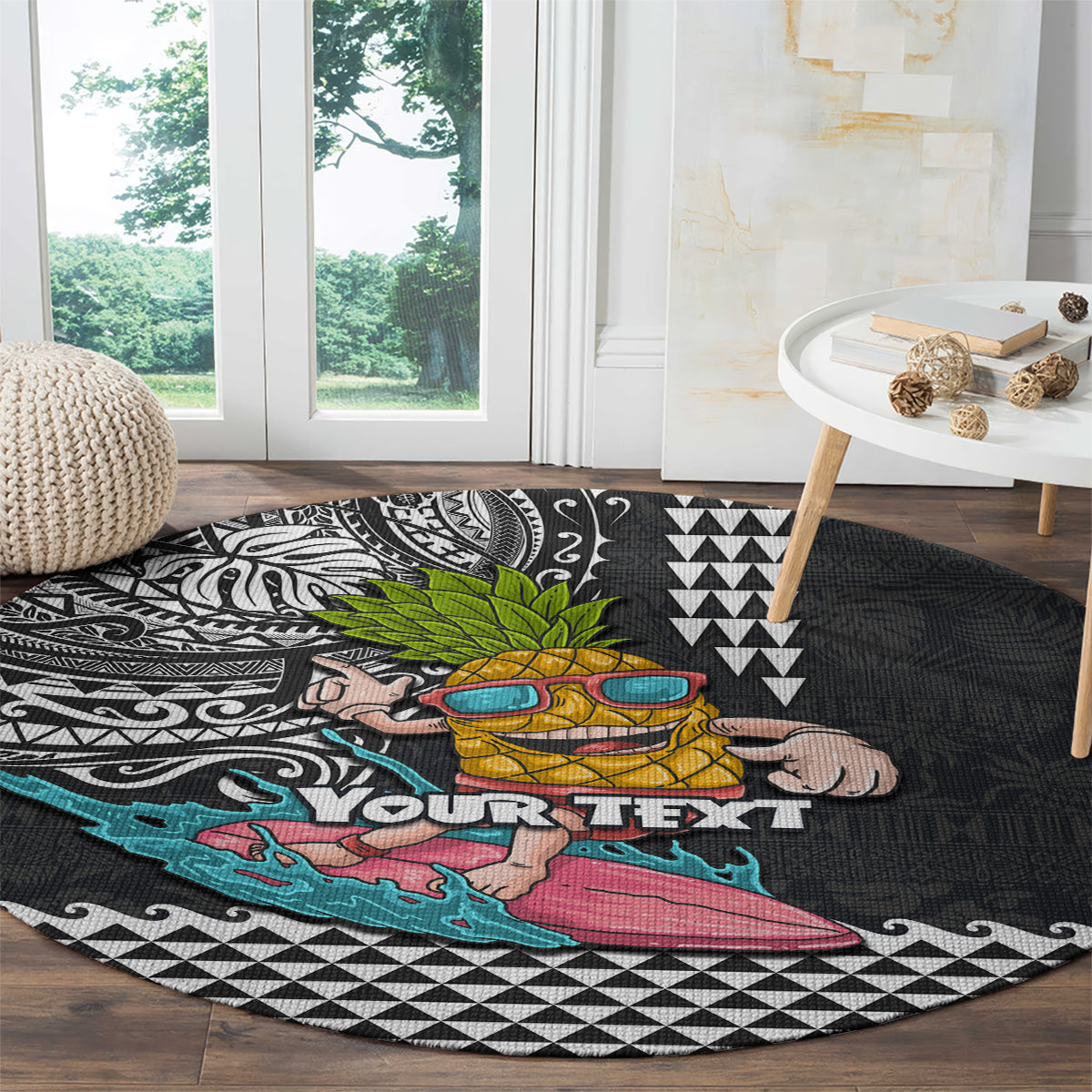 Hawaii Pineapple Surfing Kakau Tribal Personalised Round Carpet LT03 - Polynesian Pride