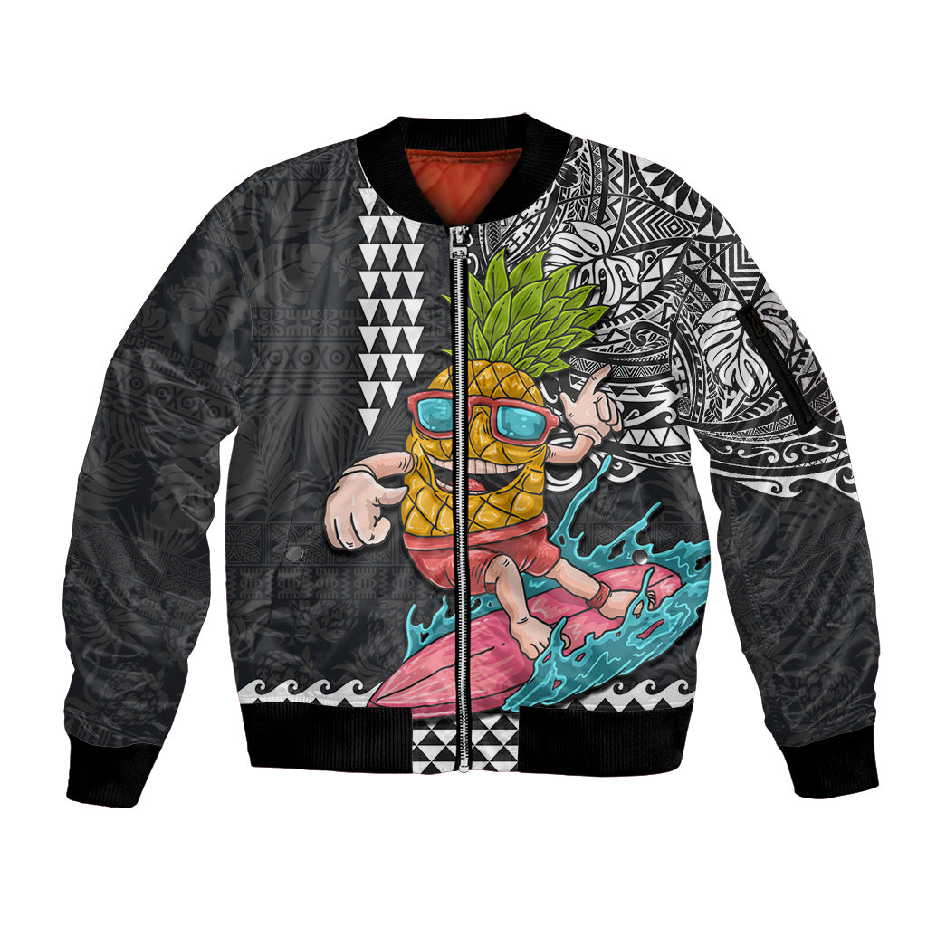 Hawaii Pineapple Surfing Kakau Tribal Personalised Sleeve Zip Bomber Jacket LT03 Unisex Brown - Polynesian Pride