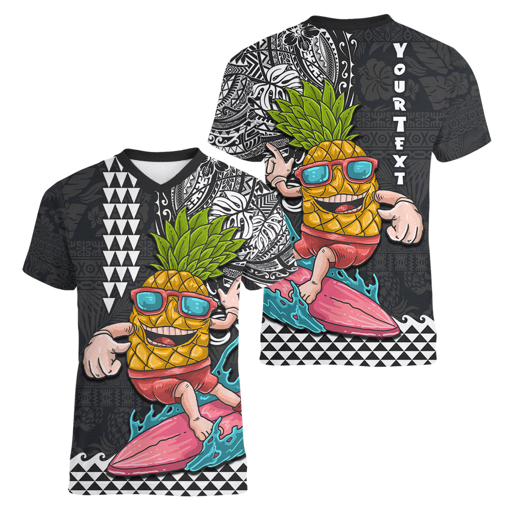 Hawaii Pineapple Surfing Kakau Tribal Personalised Women V Neck T Shirt LT03 - Polynesian Pride