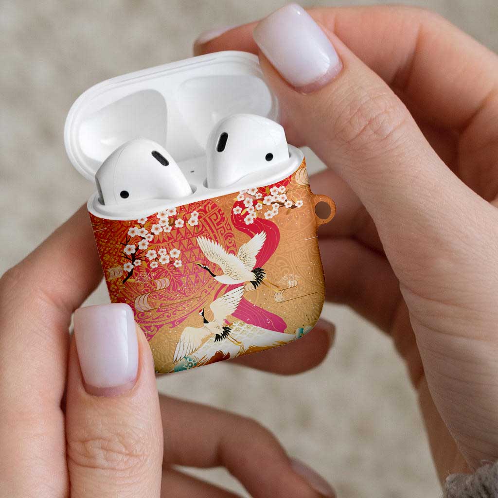 Hawaiian and Japanese Culture Together AirPods Case Kakau Art Tattoo with Cranes and Sakura Spring Vibe - Polynesian Pride