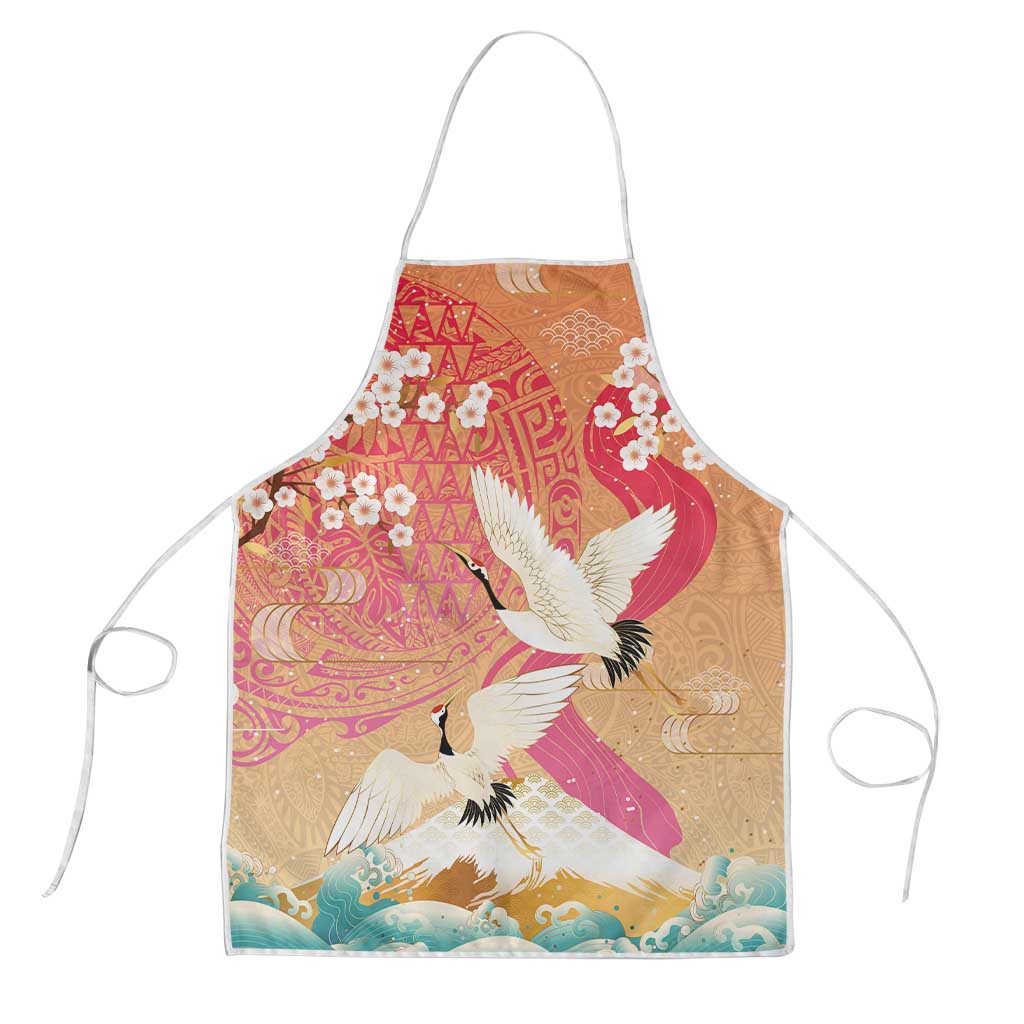 Hawaiian and Japanese Culture Together Apron Kakau Art Tattoo with Cranes and Sakura Spring Vibe - Polynesian Pride