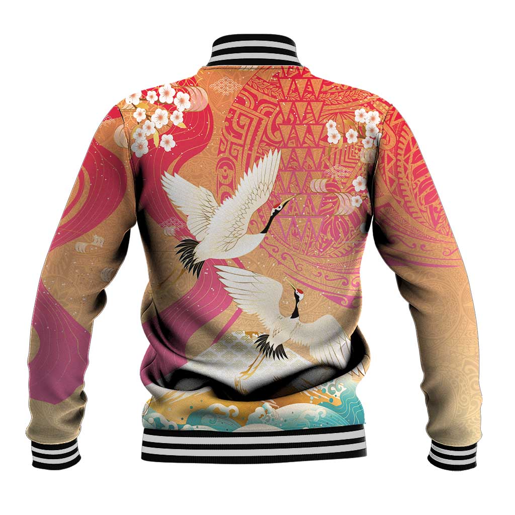 Hawaiian and Japanese Culture Together Baseball Jacket Kakau Art Tattoo with Cranes and Sakura Spring Vibe - Polynesian Pride