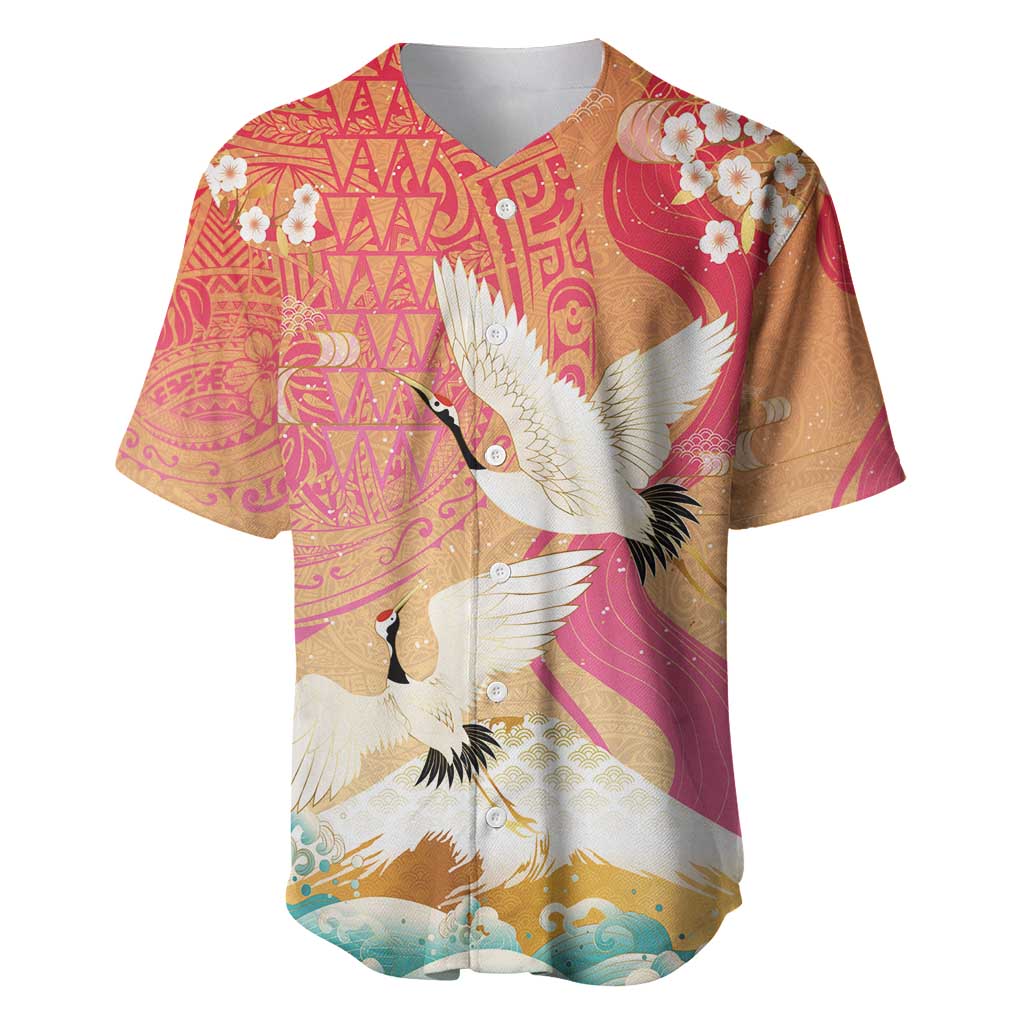 Hawaiian and Japanese Culture Together Baseball Jersey Kakau Art Tattoo with Cranes and Sakura Spring Vibe - Polynesian Pride