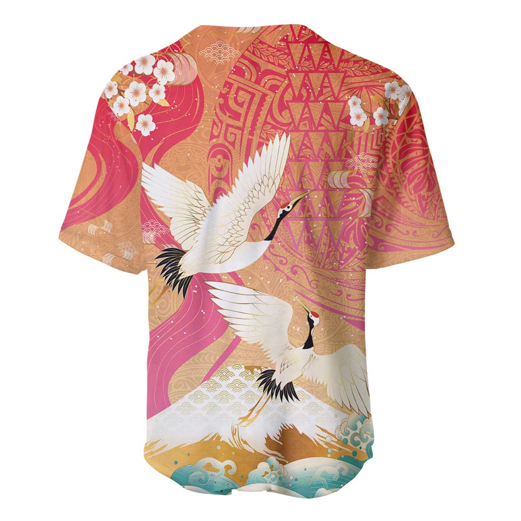 Hawaiian and Japanese Culture Together Baseball Jersey Kakau Art Tattoo with Cranes and Sakura Spring Vibe - Polynesian Pride