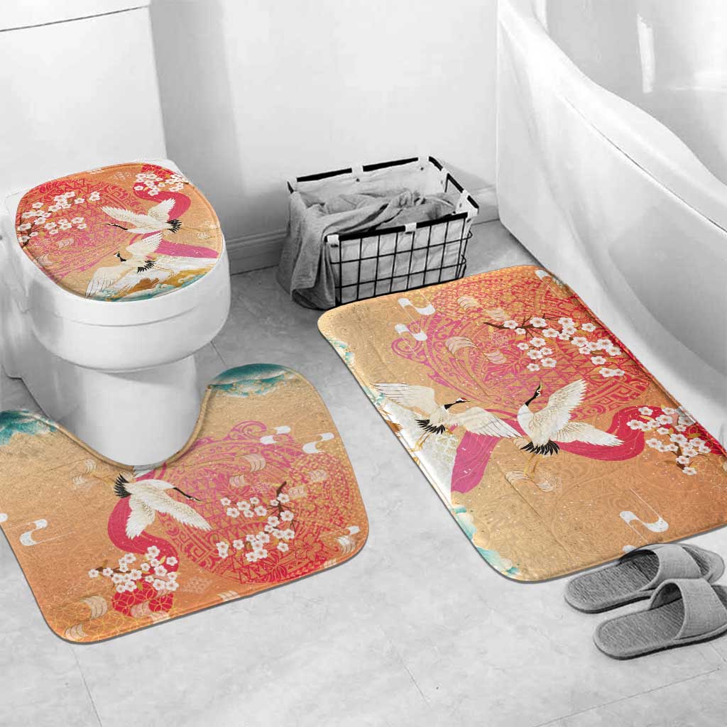 Hawaiian and Japanese Culture Together Bathroom Set Kakau Art Tattoo with Cranes and Sakura Spring Vibe - Polynesian Pride