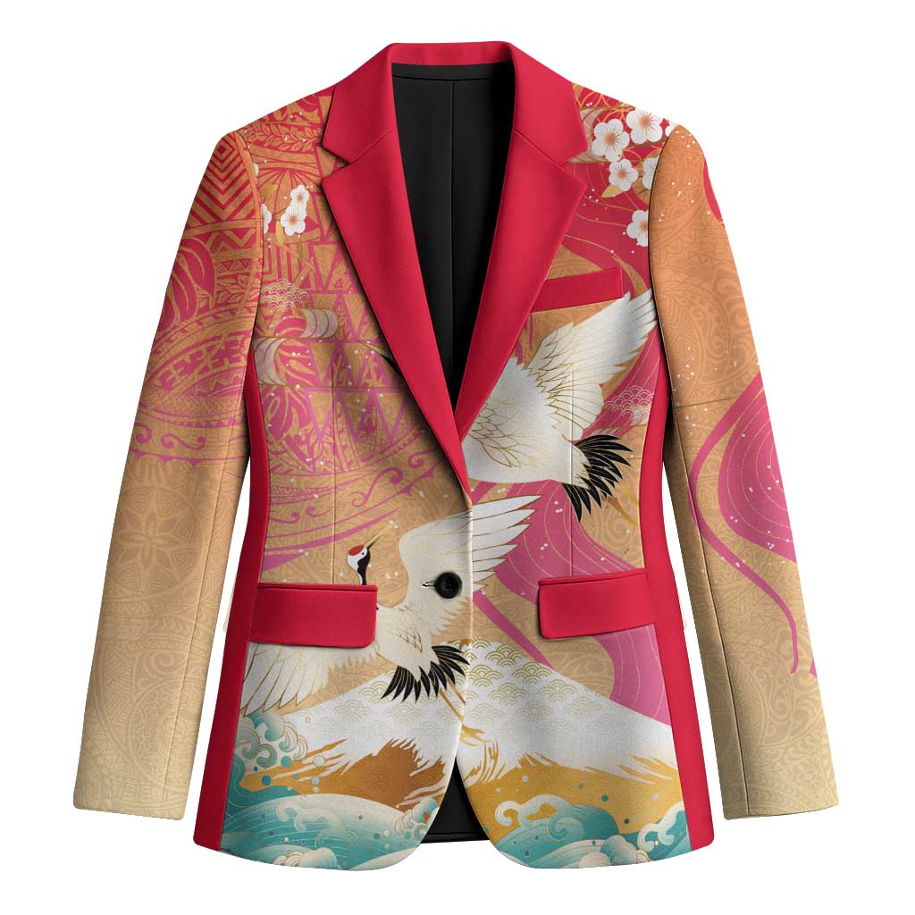 Hawaiian and Japanese Culture Together Blazer Kakau Art Tattoo with Cranes and Sakura Spring Vibe - Polynesian Pride