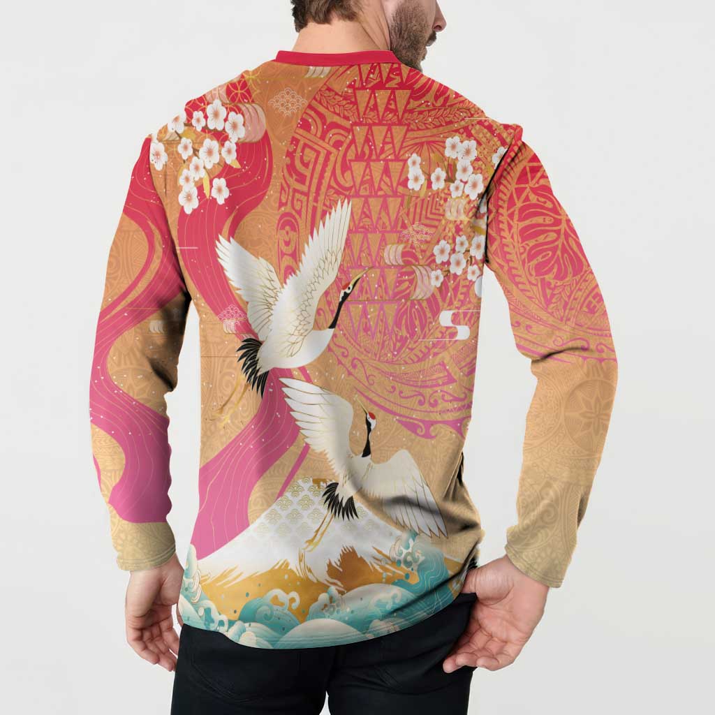 Hawaiian and Japanese Culture Together Button Sweatshirt Kakau Art Tattoo with Cranes and Sakura Spring Vibe - Polynesian Pride