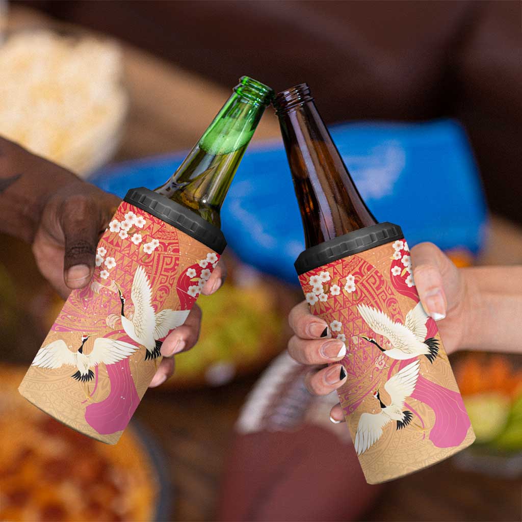 Hawaiian and Japanese Culture Together 4 in 1 Can Cooler Tumbler Kakau Art Tattoo with Cranes and Sakura Spring Vibe - Polynesian Pride