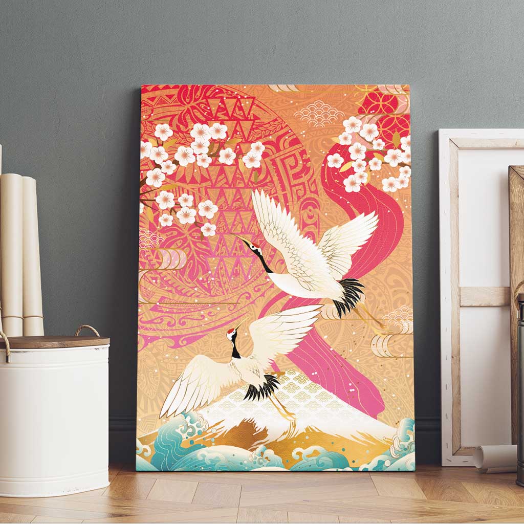 Hawaiian and Japanese Culture Together Canvas Wall Art Kakau Art Tattoo with Cranes and Sakura Spring Vibe - Polynesian Pride