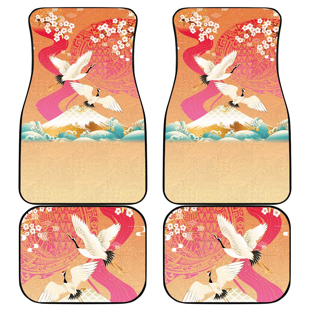Hawaiian and Japanese Culture Together Car Mats Kakau Art Tattoo with Cranes and Sakura Spring Vibe - Polynesian Pride