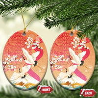 Hawaiian and Japanese Culture Together Ceramic Ornament Kakau Art Tattoo with Cranes and Sakura Spring Vibe - Polynesian Pride