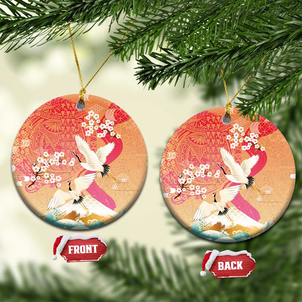 Hawaiian and Japanese Culture Together Ceramic Ornament Kakau Art Tattoo with Cranes and Sakura Spring Vibe - Polynesian Pride