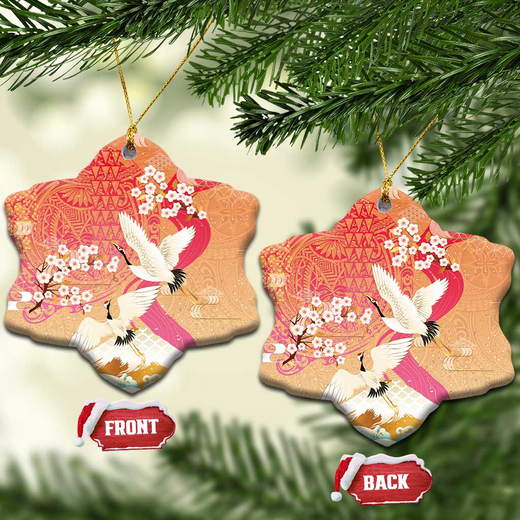 Hawaiian and Japanese Culture Together Ceramic Ornament Kakau Art Tattoo with Cranes and Sakura Spring Vibe - Polynesian Pride