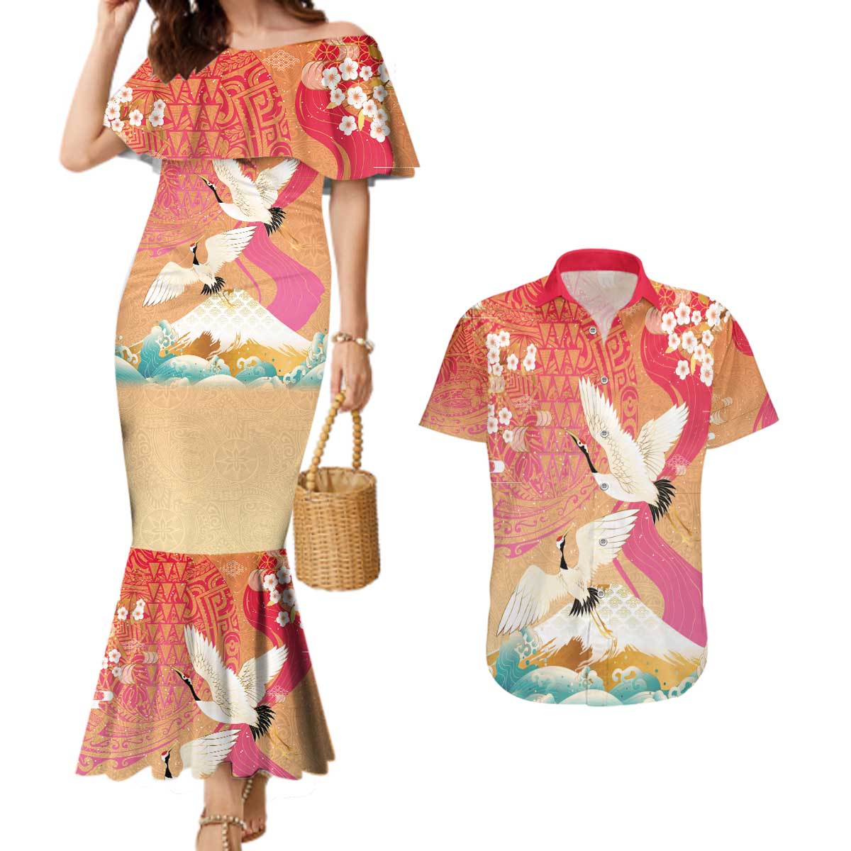 Hawaiian and Japanese Culture Together Couples Matching Mermaid Dress and Hawaiian Shirt Kakau Art Tattoo with Cranes and Sakura Spring Vibe - Polynesian Pride