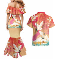 Hawaiian and Japanese Culture Together Couples Matching Mermaid Dress and Hawaiian Shirt Kakau Art Tattoo with Cranes and Sakura Spring Vibe - Polynesian Pride