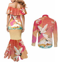 Hawaiian and Japanese Culture Together Couples Matching Mermaid Dress and Long Sleeve Button Shirt Kakau Art Tattoo with Cranes and Sakura Spring Vibe - Polynesian Pride