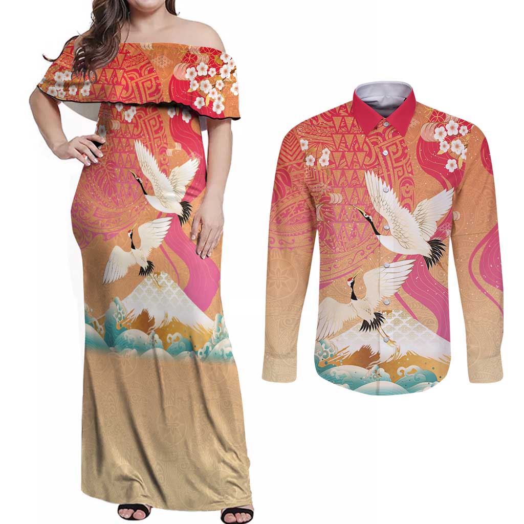 Hawaiian and Japanese Culture Together Couples Matching Off Shoulder Maxi Dress and Long Sleeve Button Shirt Kakau Art Tattoo with Cranes and Sakura Spring Vibe - Polynesian Pride