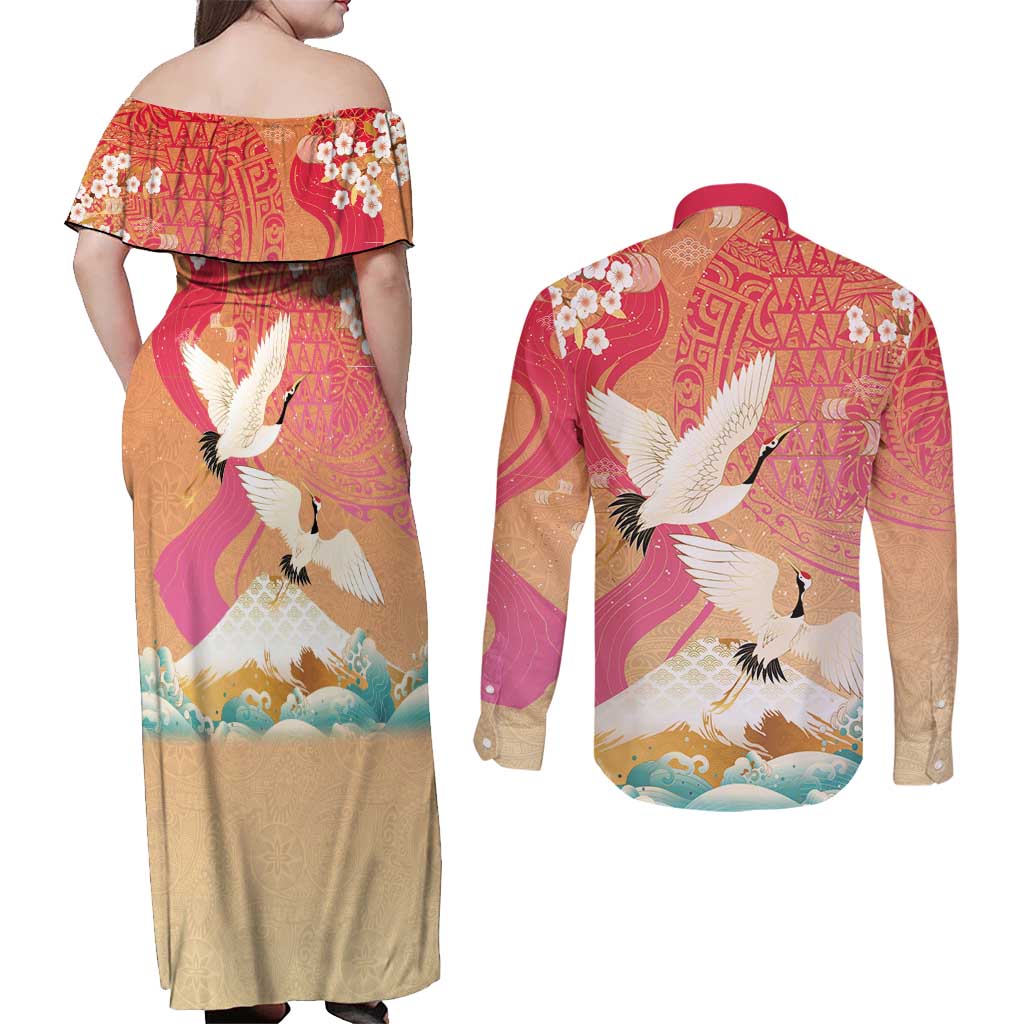 Hawaiian and Japanese Culture Together Couples Matching Off Shoulder Maxi Dress and Long Sleeve Button Shirt Kakau Art Tattoo with Cranes and Sakura Spring Vibe - Polynesian Pride