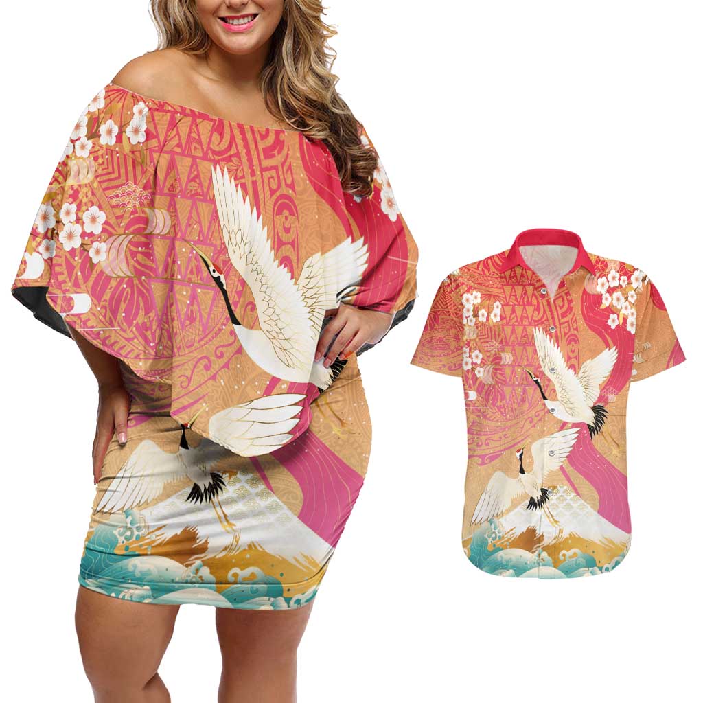 Hawaiian and Japanese Culture Together Couples Matching Off Shoulder Short Dress and Hawaiian Shirt Kakau Art Tattoo with Cranes and Sakura Spring Vibe - Polynesian Pride