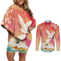 Hawaiian and Japanese Culture Together Couples Matching Off Shoulder Short Dress and Long Sleeve Button Shirt Kakau Art Tattoo with Cranes and Sakura Spring Vibe - Polynesian Pride